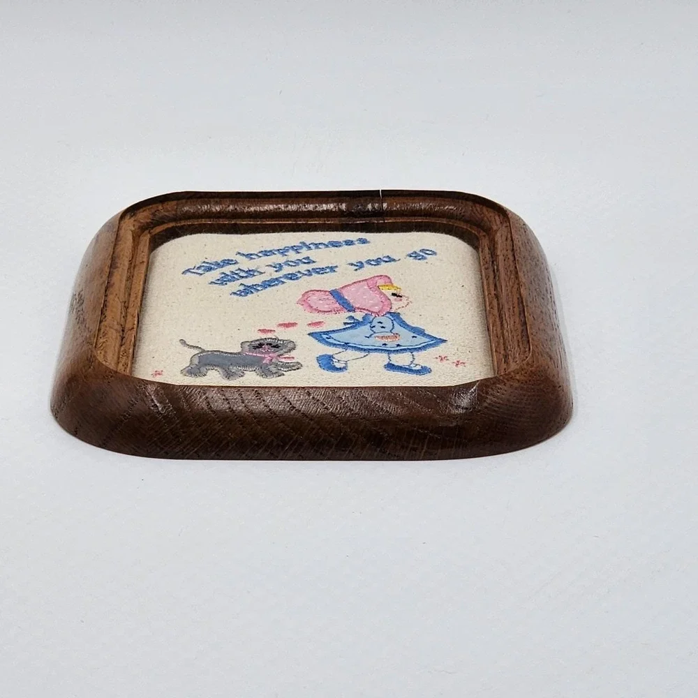 Vintage Russ Take Happiness with You Wherever You Go Framed Embroidered Plaque